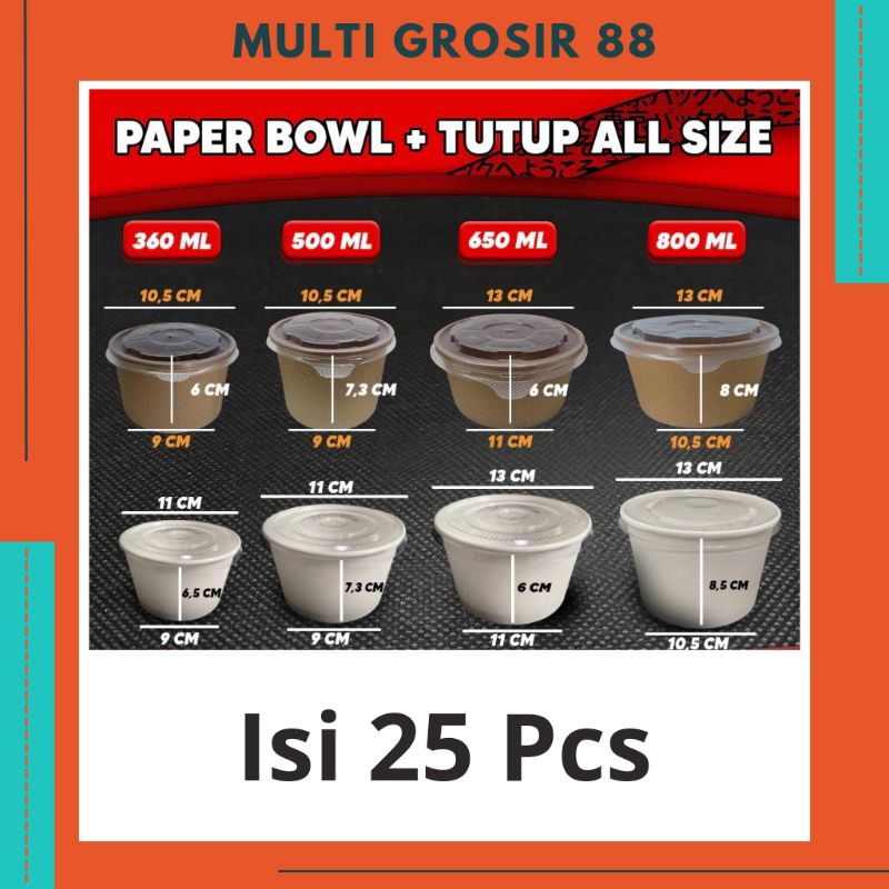 MG88 25 pcs PaperBowl Mangkok Kertas Rice Paper Bowl 360ml 500ml 650ml 800ml Putih - Coklat Plus Tut