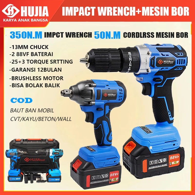 HUJIA 88vf Brushless Impact Wrench dan 13mm chuck Mesin bor Baterai Pembuka Baut 2 baterai Alat List