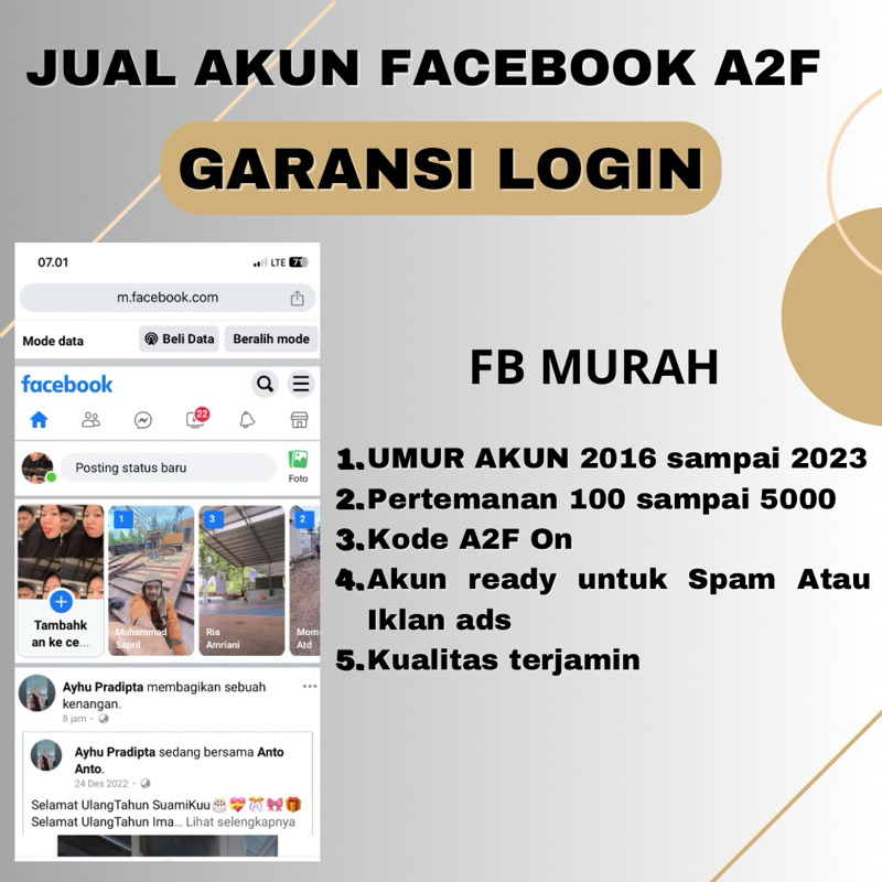 JUAL AKUN FACEBOOK MURAH A2F TAHUN 2016 - 2023 UNTUK SPAM MARKETPLACE PROFESIONAL IKLAN ADS