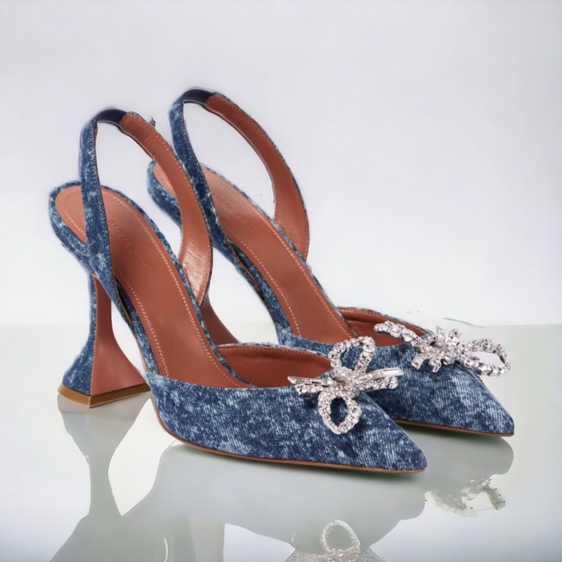 Original Amina Muaddi Rosie 95mm Bow-Detail Denim Slingback Heels / Pumps