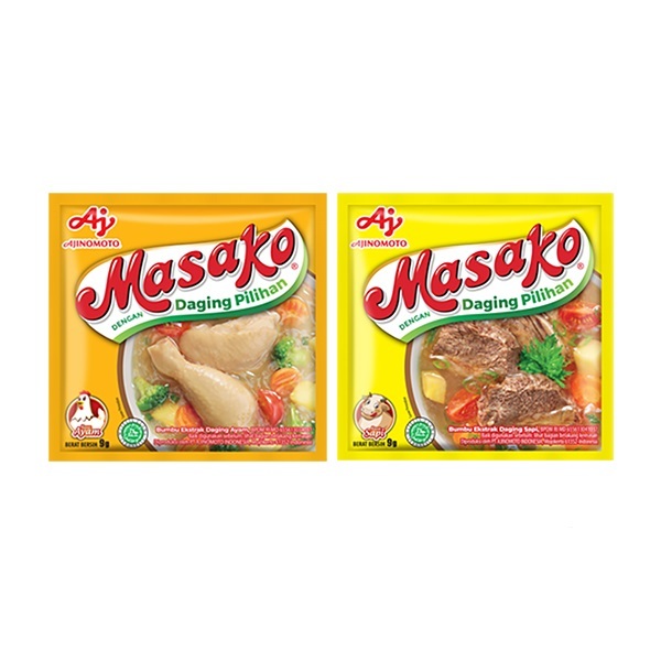 

Masako Bumbu Kaldu Penyedap Rasa Ayam / Sapi 8.5gr x 12pcs