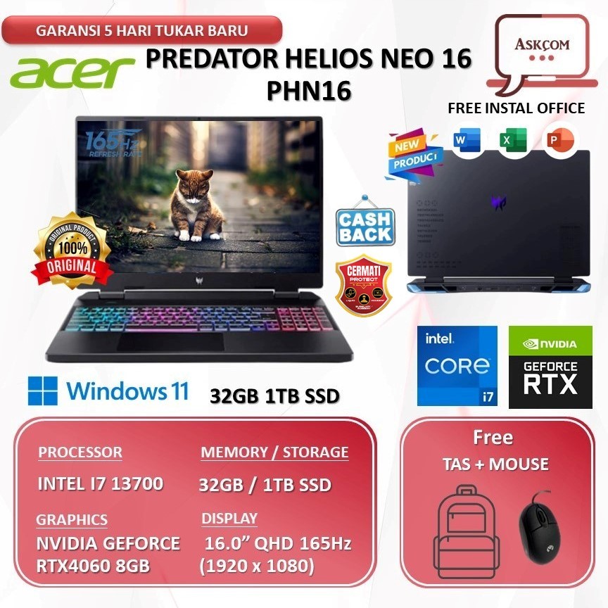 Laptop Acer Predator Helios Neo 16 PHN16 RTX4060 8GB I7 13700HX | 32GB 1TBSSD W11 16.0QHD IPS 165HZ