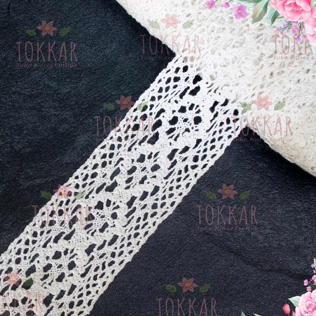 (Per Meter) RDR640 Renda Rajut Tengahan Putih Motif Cantik Lebar 6Cm