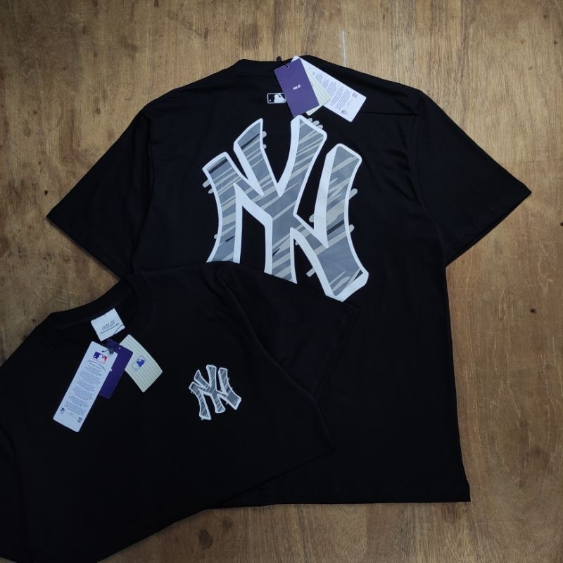KAOS T SHIRT MLB NEW YORK NY LOGO SHADOW GRAY FONT & BACK PRINTED BLACK TEES BESTSELLER