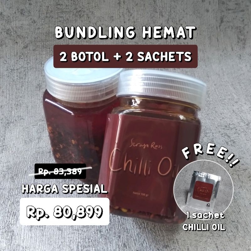

PAKET BUNDLING 2 BOTOL + 2 SACHETS - PREMIUM CHILLI OIL SERASA RAOS - SAMBAL MINYAK CABE CABAI PEDAS DIMSUM BAKMIE