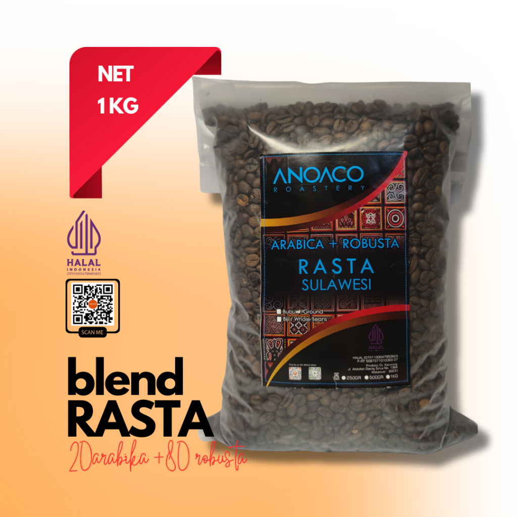 

ANOACO COFFEE ROASTERY KOPI ARABIKA+ROBUSTA RASTA PLASTIK 1000GR