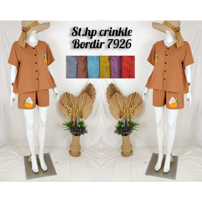setelan hotpants bahan crinkle bordir