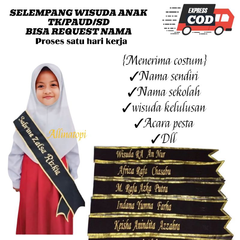 SELEMPANG PITA WISUDA ANAK PAUD/TK/SD FREE BORDIR NAMA/SELEMPANG WISUDA ANAK COSTUM NAMA BISA COD
