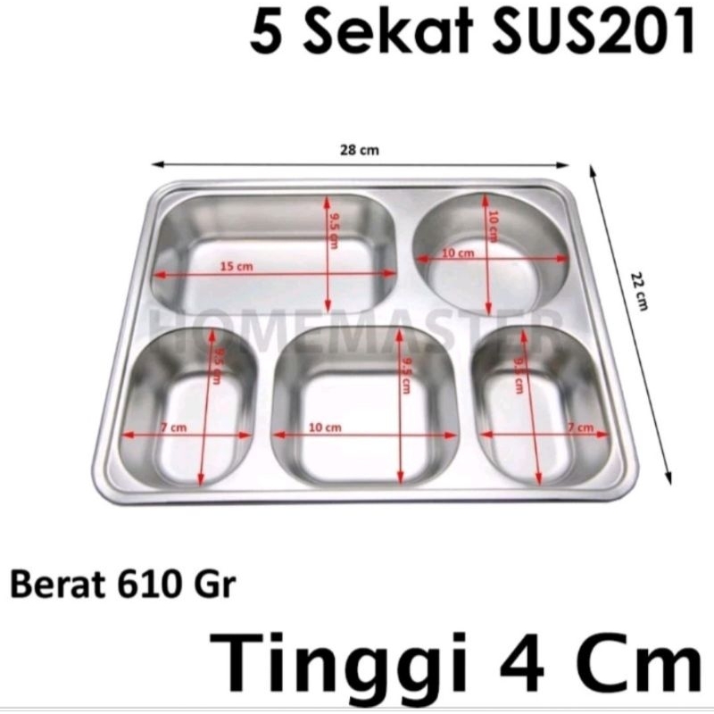 Piring Makan stainless Sekat 5 Tebal plus tutup / piring nampan stainless steel / piring makan rs