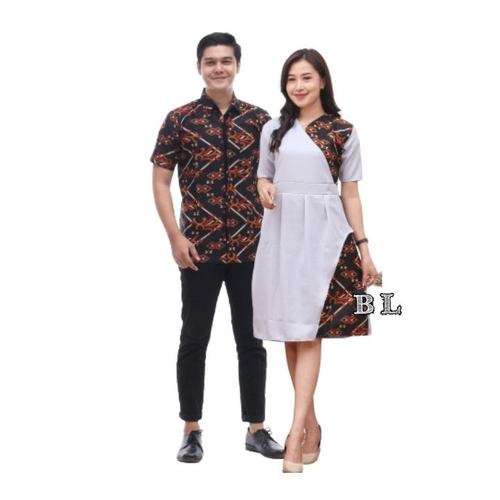 Fairyrozi Couple Dress V Songket Putih Batik Wanita & Kemeja Lengan Pendek Bahan Premium