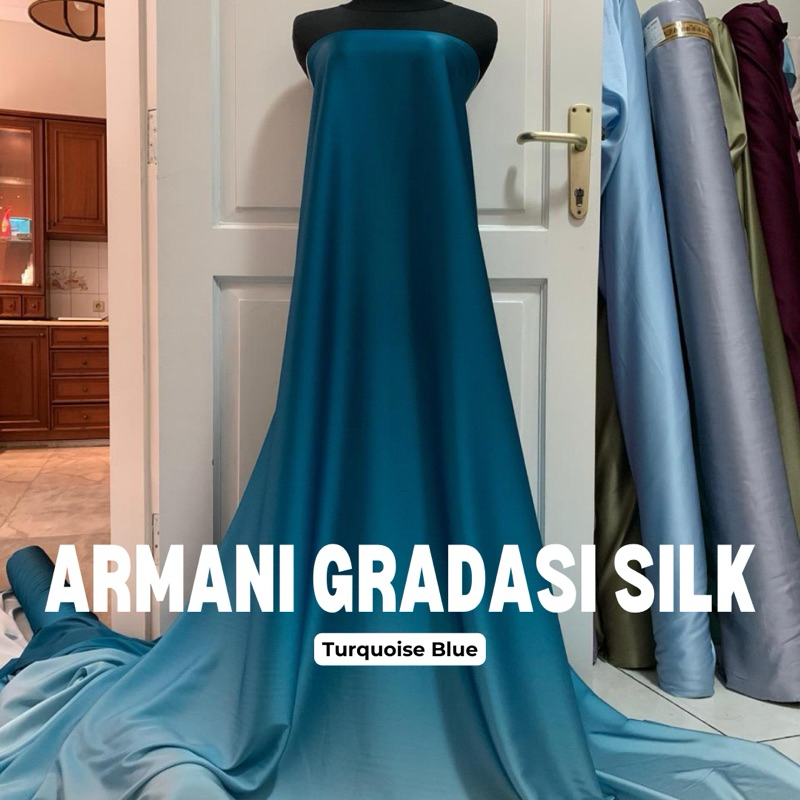 Bahan Kain Satin Silk Armani Gradasi Ombre 2 Tone High Quality Import Warna Turquoise Blue