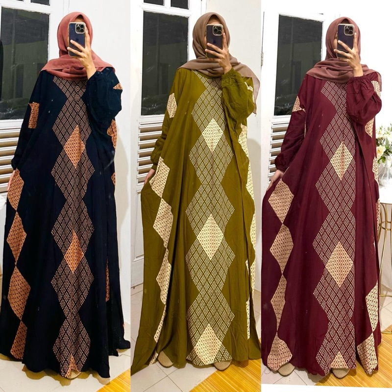 KAFTAN MOTIF PIRAMID BAHAN RAYON PREMIUM TEBAL SUPER ADEM MODEL LOWO UKURAN JUMBO BUSUI FRIENDLY/DAS
