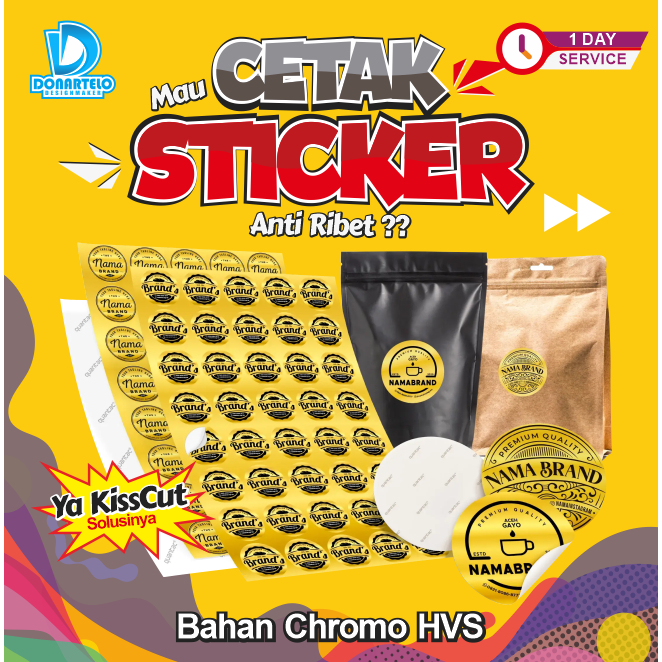 

Cetak Sticker Label A3+ Cutting Stiker Chromo HVS, Sticker Cutting Custom Stiker Label Kemasan Makanan Minuman Kisscut