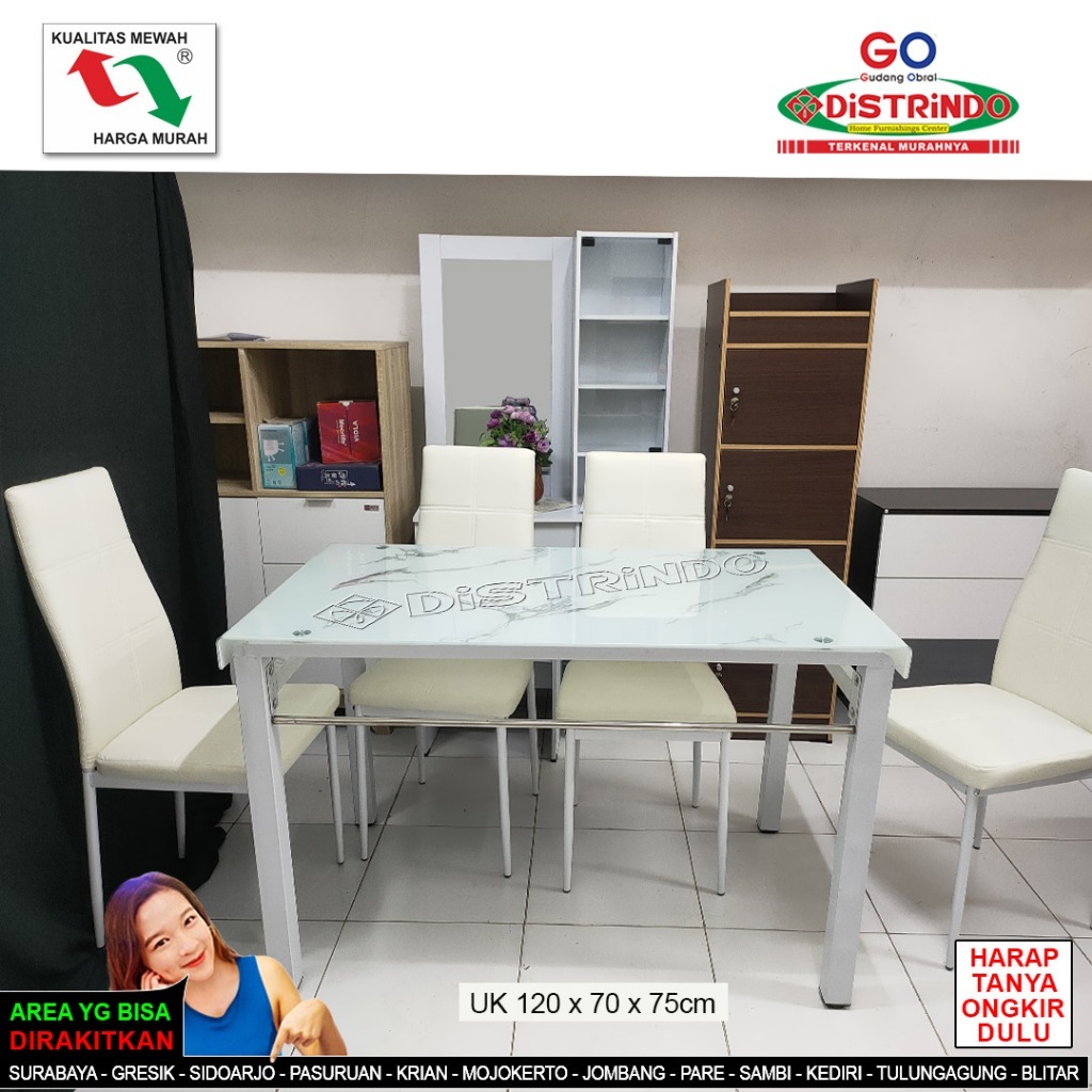 Meja Makan White dengan Kursi 4 Kaca Tempered Tebal Tahan Panas Motif Bunga Cantik