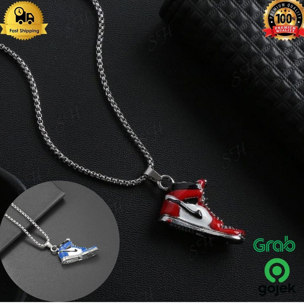Kalung Rantai Pria Titanium Anti Karat Liontin Sepatu Jordan Merah K268