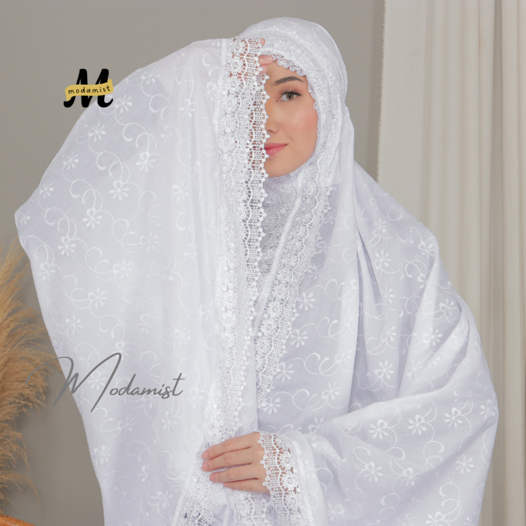 Mukena Dewasa Katun Paris Putih Mewah Full Bordir Renda Krisdayanti