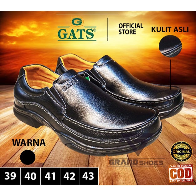 GATS sepatu pantofel pria kerja formal slip on tanpa tali kulit asli sol tebal black doff original