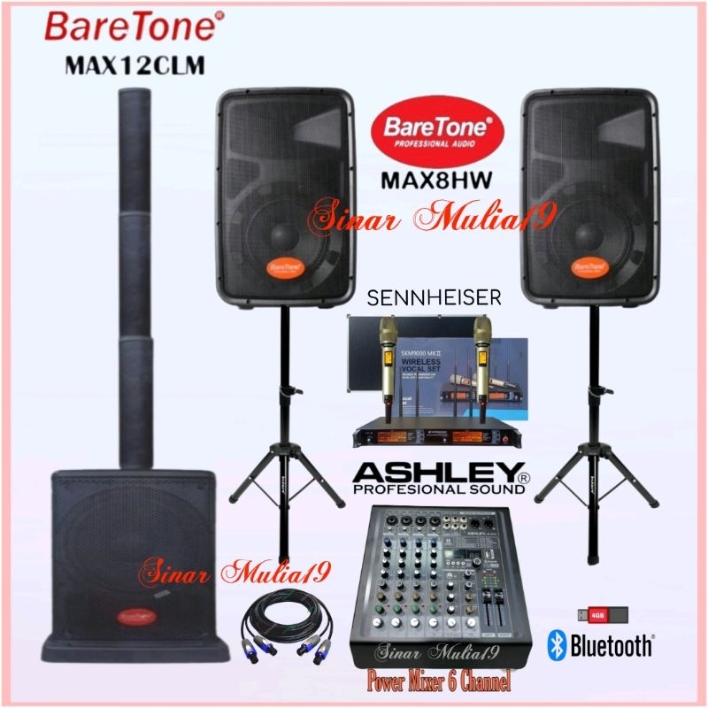 Paket Live Musik Cafe Speaker Column Satelite BareTone MAX12CLM Speaker BareTone MAX8HW Power Mixer 