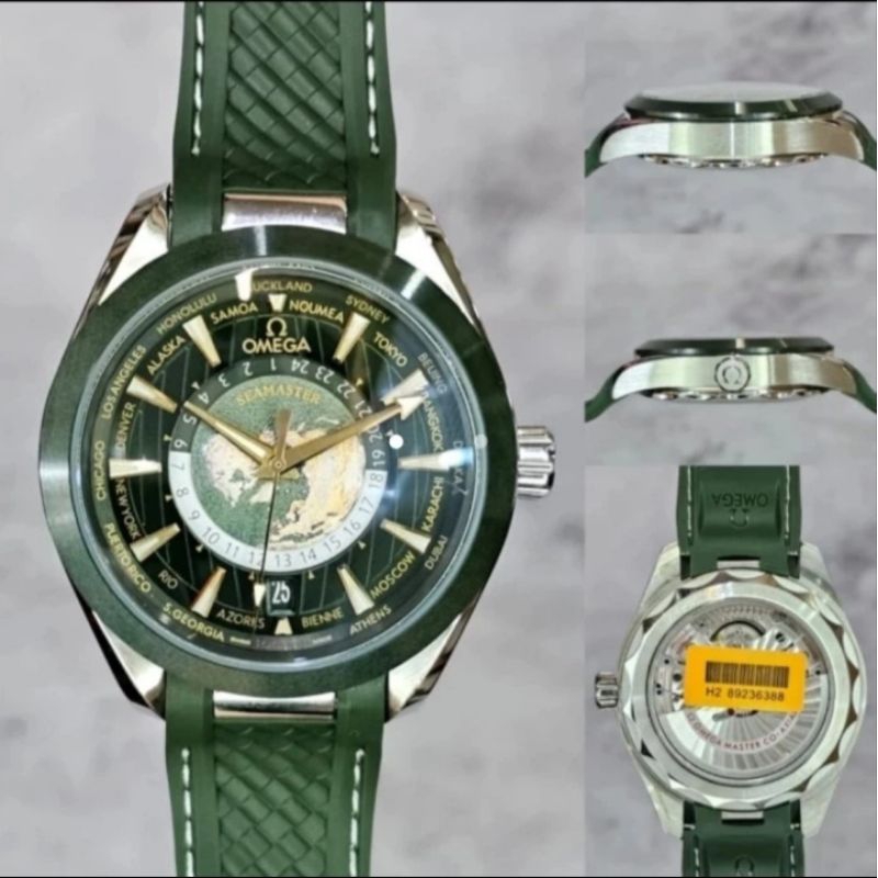 Jam Tangan Pria OMEGA WORLD TIME Strap Rubber - Green