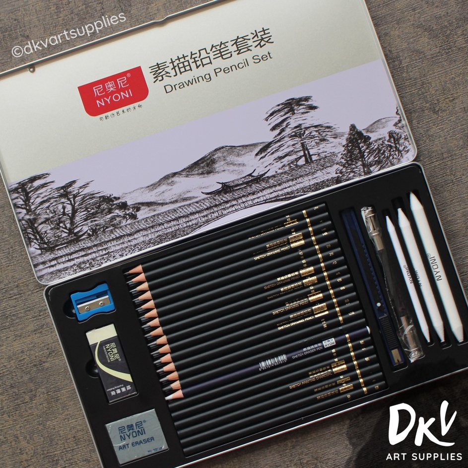 

Free Delivery NYONI Sketch drawing pencil pensil grafit charcoal arang 29 pcs set tin case
