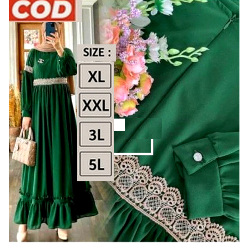Gamis Melayu Renda Kajian / Pengajian Hijau Botol Jotol Jumbo Kasual Elegan Terbaru 2024 LD 110 120 