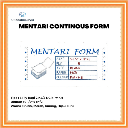 

Kertas Continuous / Continous Form 5 Ply Bagi 2 , 5 Rangkap K5/2 NCR Putih Merah Kuning Hijau Biru 9 1/2' x 11/2