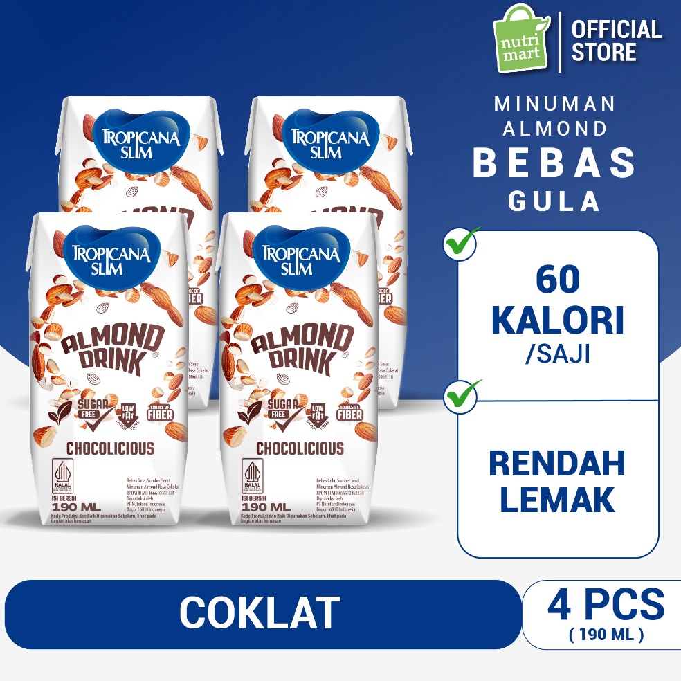 

New Mart Tropicana Slim Almond Drink Chocolicious 19ml 4 pcs Minuman Almond Cokelat Bebas Gula Ready to Drink