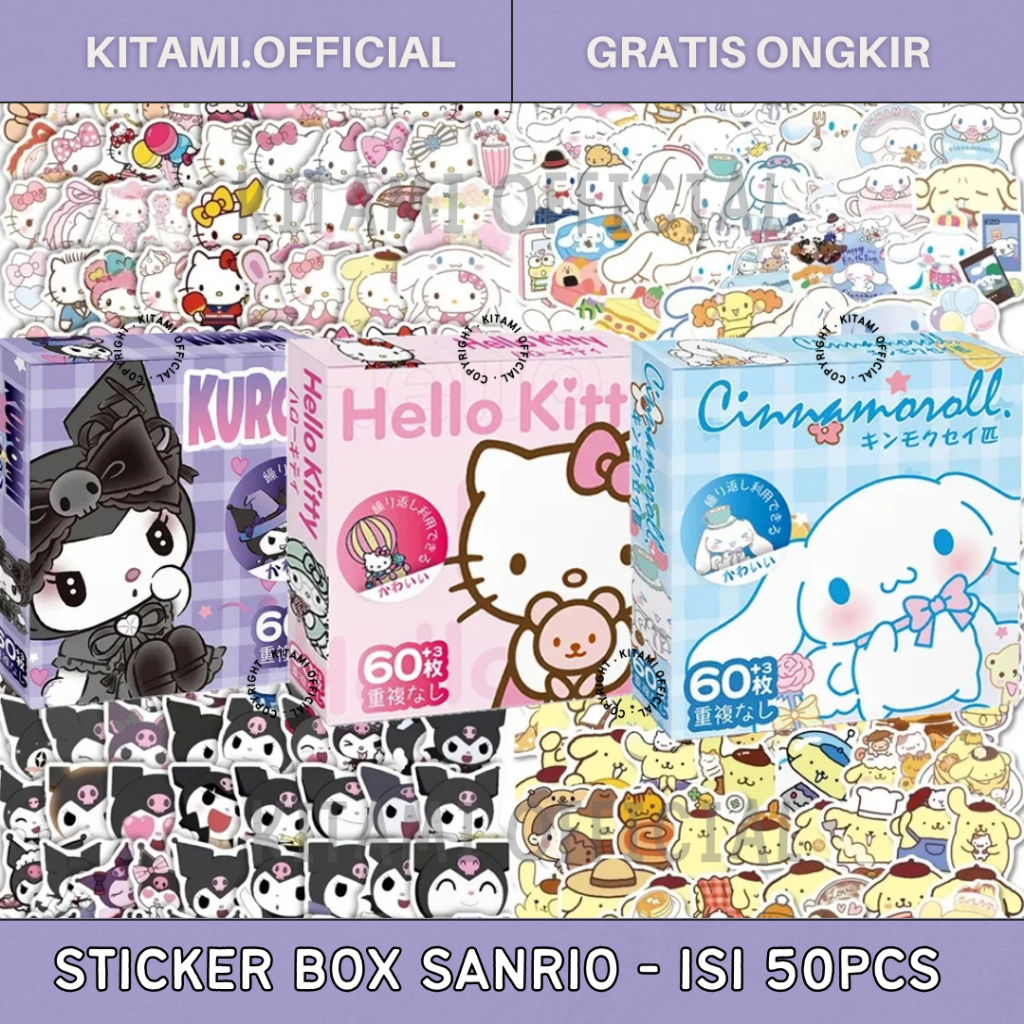 

STIKER KUROMI MY MELODY HELLO KITTY CINNAMOROLL POMPOMPURIN | STICKER SANRIO BOX ISI 50