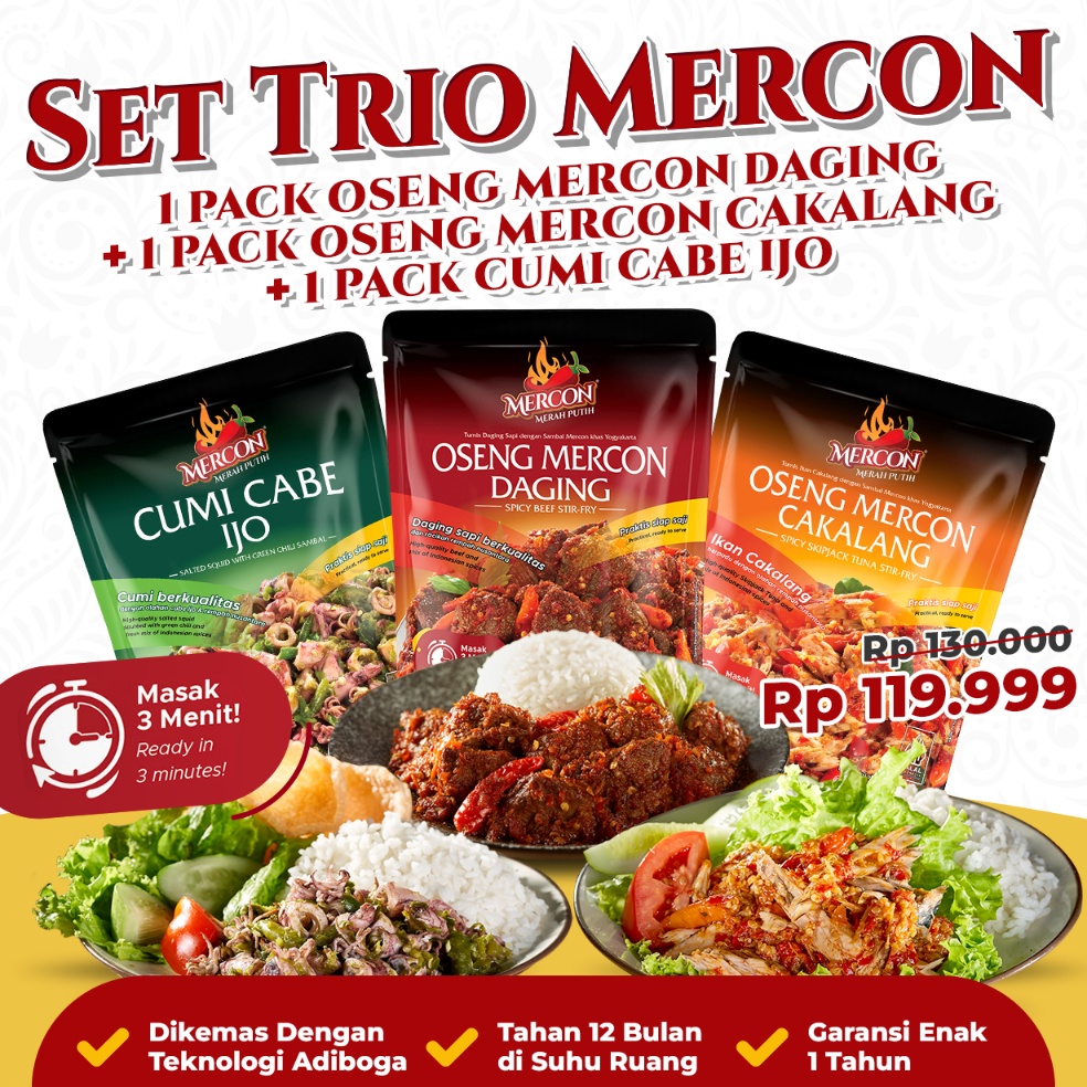 

Limited Product Mercon Merah Putih Set Trio Mercon Oseng Mercon Daging Cumi Cakalang