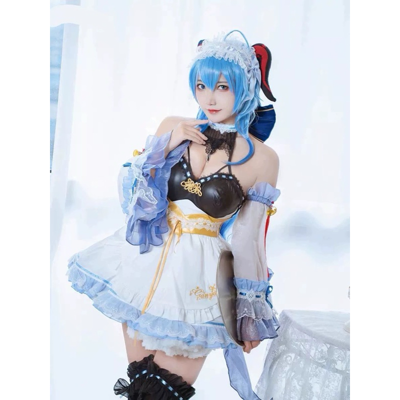 【Lolicos】Ready Uwowo Genshin Impact Ganyu Maid Cosplay Costume Sheep Dress Fullset Wig Anime Game Ko