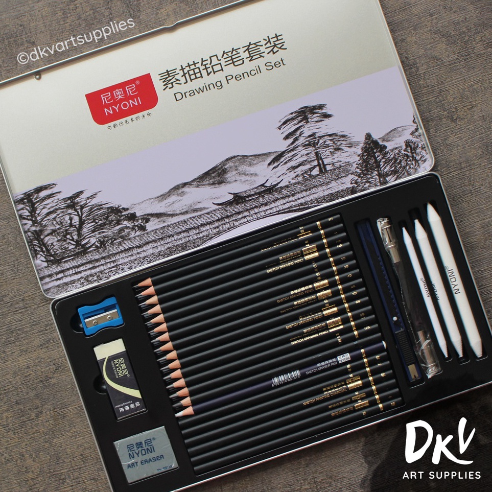 

Grosir Diskon NYONI Sketch drawing pencil pensil grafit charcoal arang 29 pcs set tin case