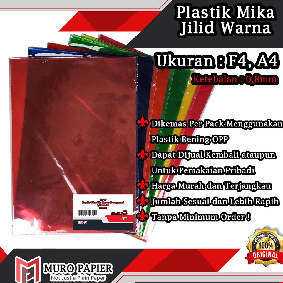 

First Quality PER PAK ISI 1 Plastik Mika Jilid Transparant Warna 8 mm A4 F4 by Muro Papier