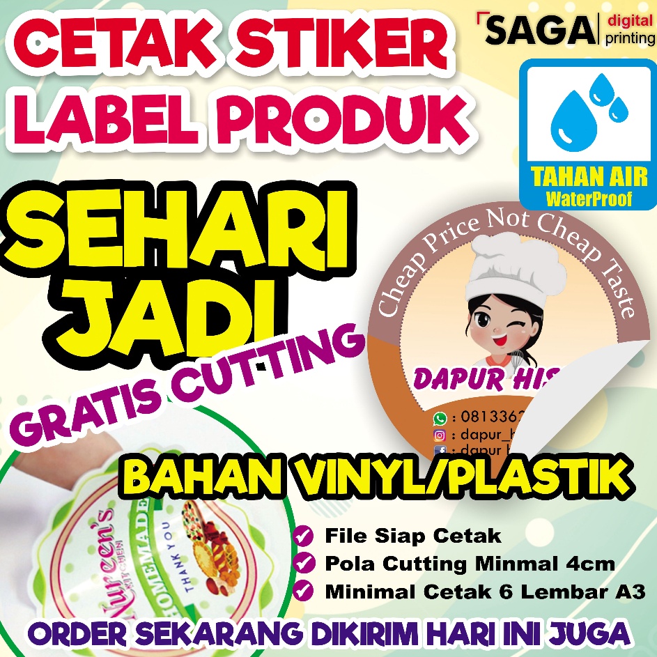 

Promosi Spesial Cetak Stiker VINYL PLASTIK TAHAN AIR Label minuman Kemasan Stiker makanan plus Cutting ukuran A3 berkualitas