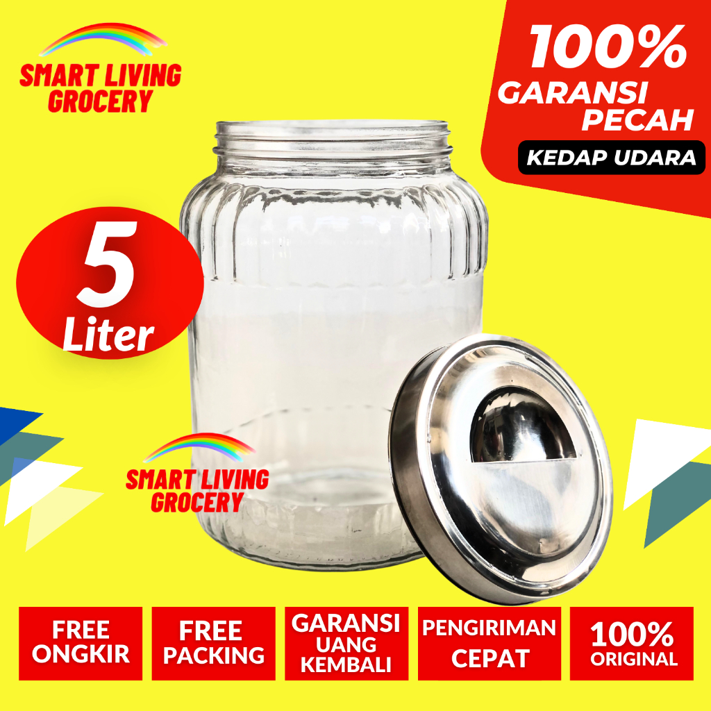 TOPLES JAR KACA TUTUP STAINLESS STEEL PEGANGAN KEDAP UDARA 5 L TEMPAT PENYIMPANAN MAKANAN TOPLES BOT