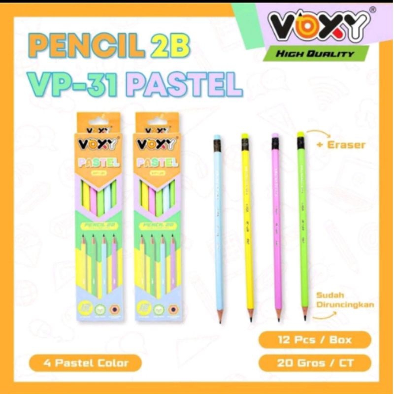 

Pensil 2B PASTEL, NEON VOXY per pack isi 12 pcs / Pensil 2B NEON, PASTEL per pack / Pensil kayu 2B