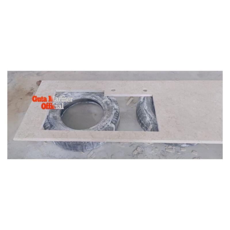 Top Table Kitchen Set Batu Marmer Putih Glosy + Lubang Wastavel