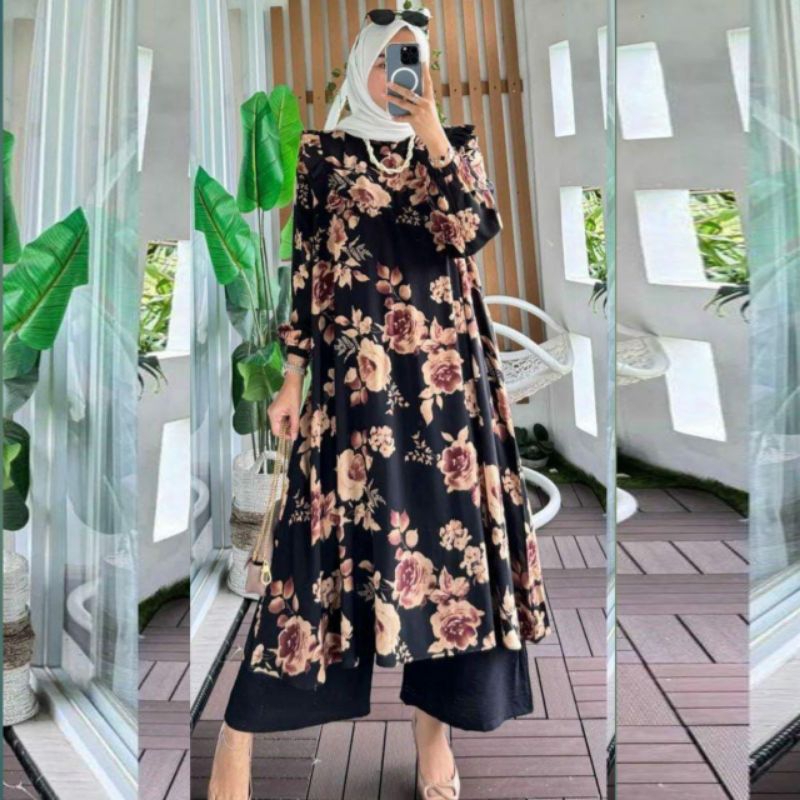 Set Long Tunik Flower Rayon Diamond Import Busui Friendly Kombinasi Kerah Syanghai