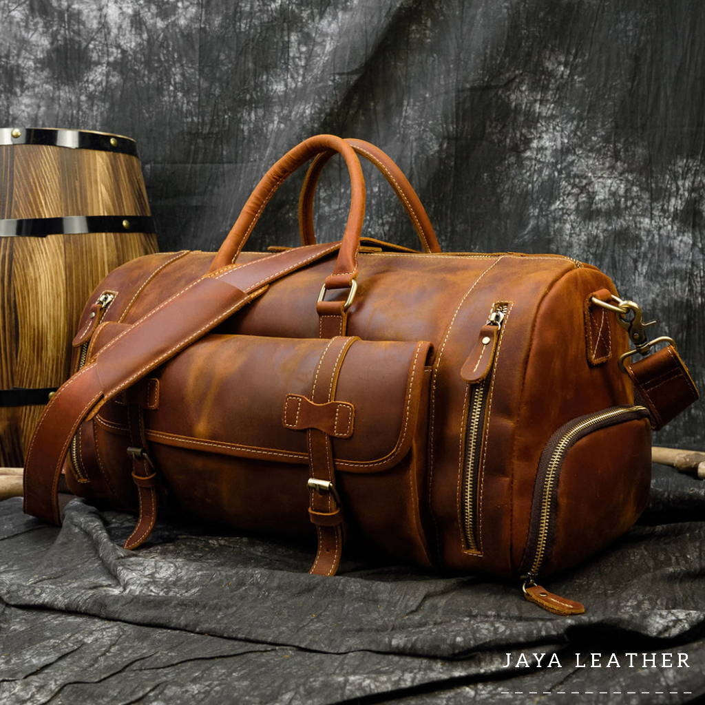 Tas Duffle Travel Kulit Pria Gaya Vintage 100% Tas Travel Kulit Sapi