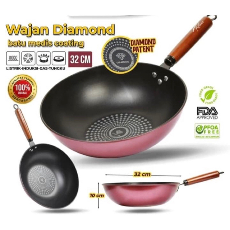 WAJAN TEFLON GAGANG WOK PAN DIAMOND SERBAGUNA 32cm ANTI LENGKET