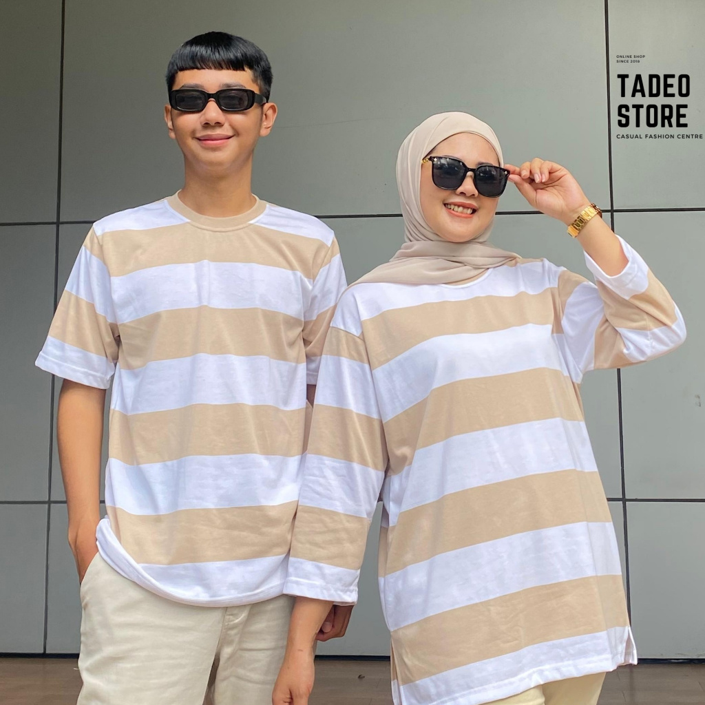 Baju Kapelan Stripe Garis Besar Kaos Couple Pasangan Oversize 7 8 Salur Aldira Warna Baru Cream