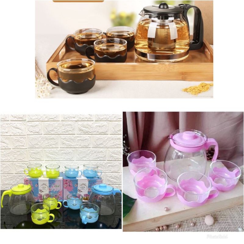 (Khusu Instan Medan) Teapot Saring Hitam / Teko Kaca set gelas / kado pernikahan