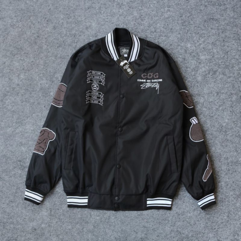 BOMBER VARSITY JACKET STUSSY X CDG HITAM FULL TAG PREMIUM MIRROR