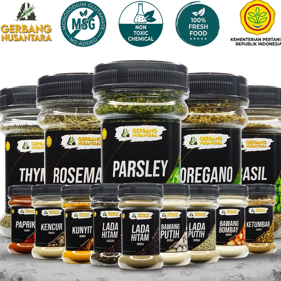

Makin laris Gerbang Nusantara All Spices Dan Herbs Kunyit Ketumbar Lada Hitam Bawang Putih Merah Bombay Bubuk Daun Parsley Oregano Basil Thyme Rosemary Italian Herb Flakes Bumbu Masak Dapur Rempah Lengkap 5gr