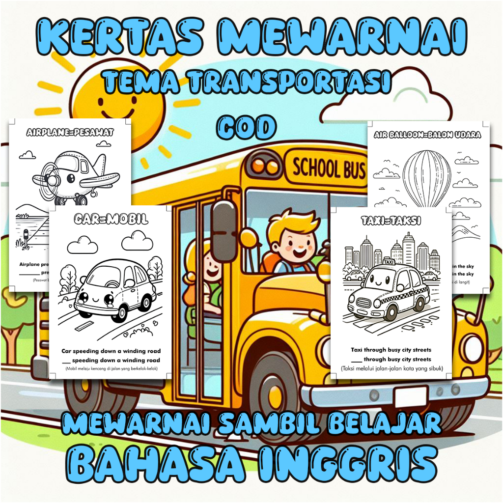 Worksheet Lembar Kertas Buku Mewarnai A4 Anak Paud TK SD Gambar Transportasi Kendaraan