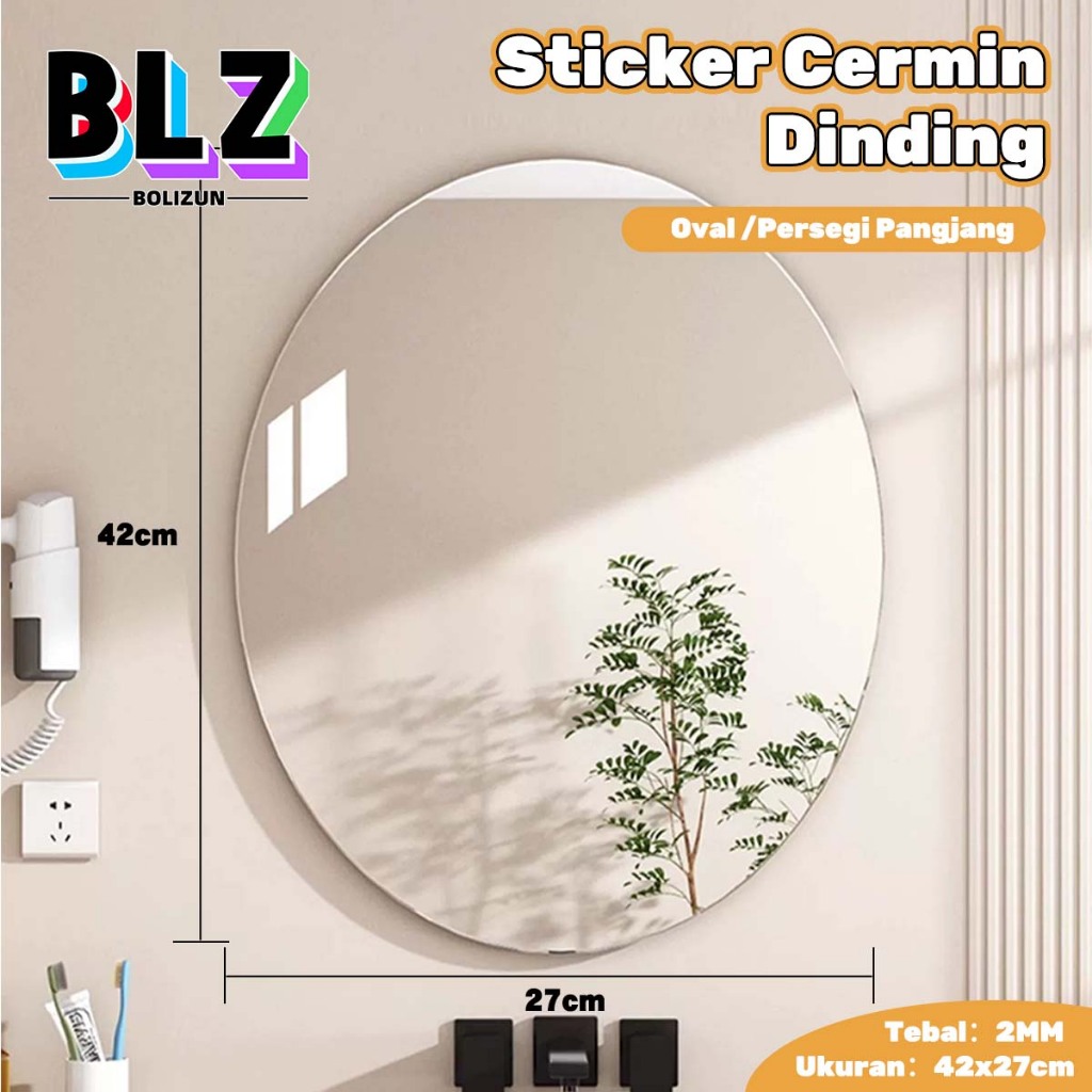 BOLIZUN Cermin Oval & Persegi Panjang Dekorasi Anti Pecah Cermin Tempelan Wall Sticker Dekorasi Cerm