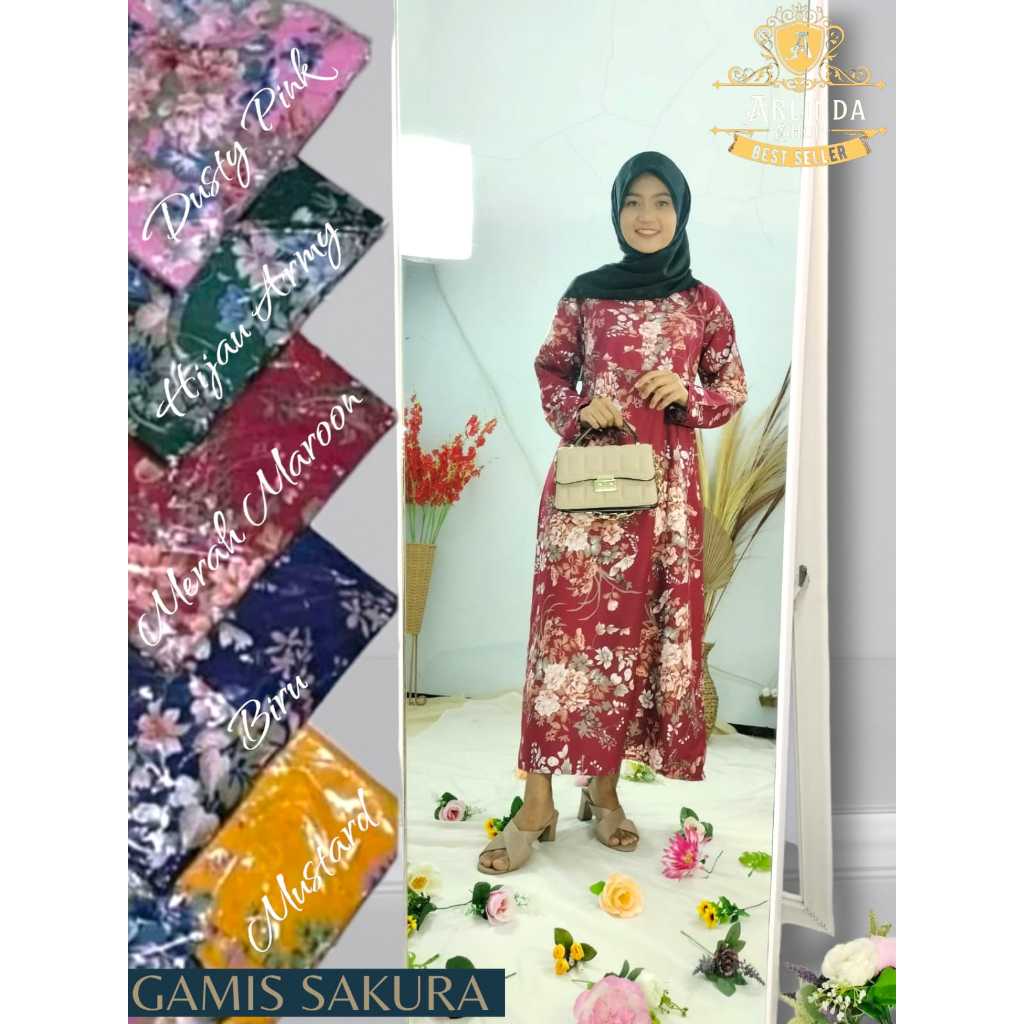 Gamis Katun Jepang Motif Bunga Sakura Pakaian Muslimah Wanita terbaru