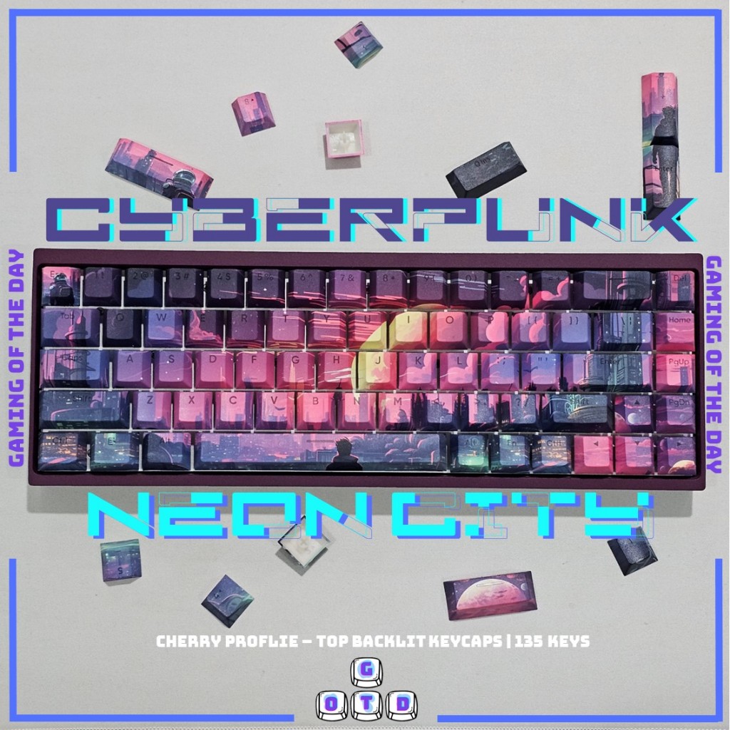 CYBERPUNK NEON CITY - Cherry Profile - Shine Through Tembus LED Artisan Keycaps by GOTD