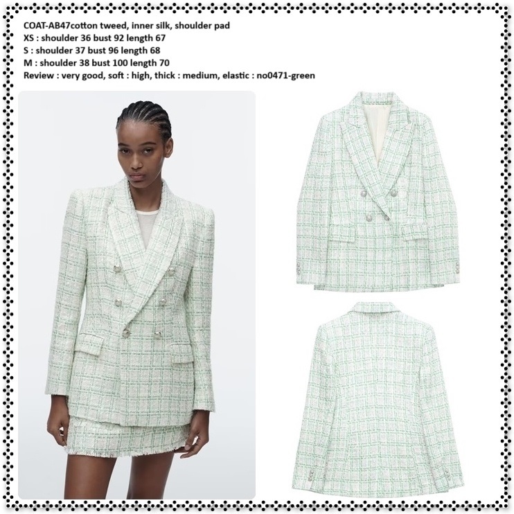 AB470471 Blazer Coat Kerja Formal Kotak Katun Tweed Wanita Korea Import Green Hijau