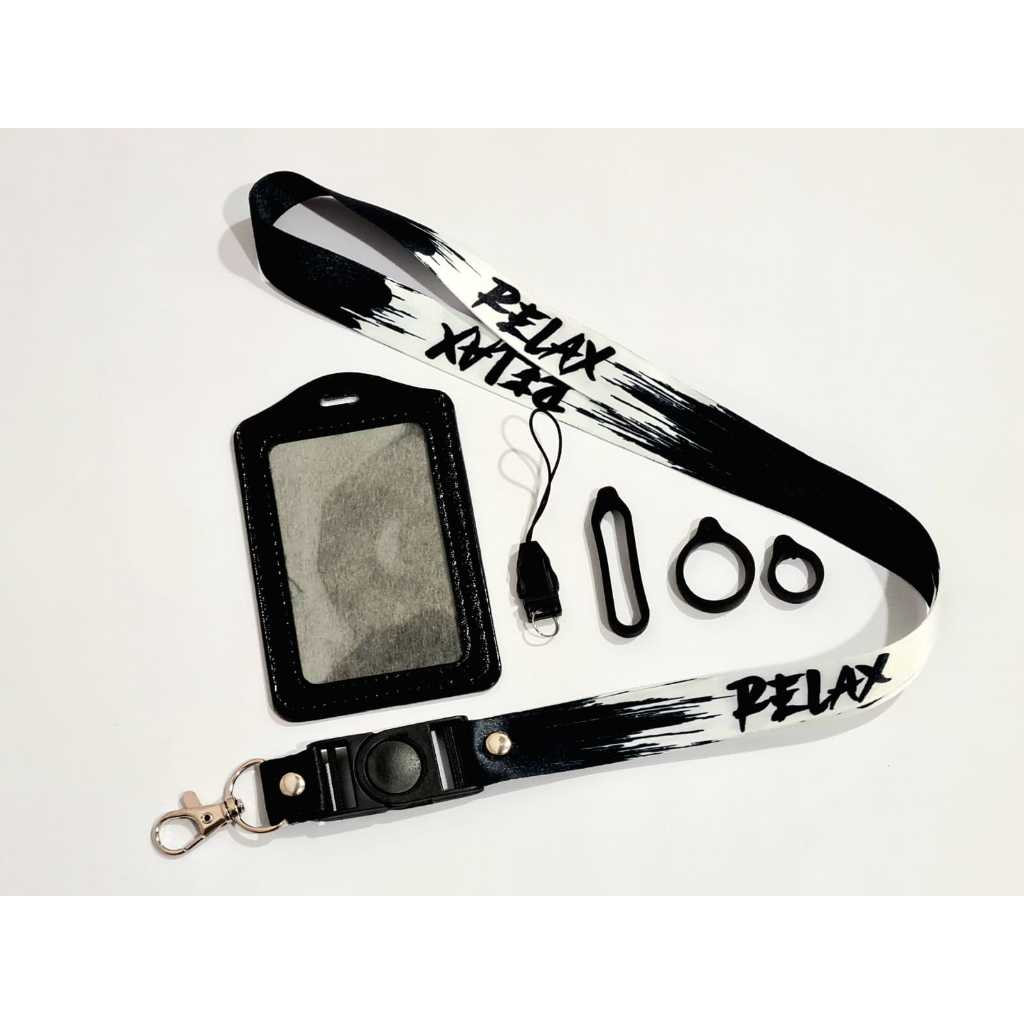 

Lanyard Premium Relax hitam putih FREE Case Gantungan Karet Oring Cantolan / Lanyard ID Card Custom