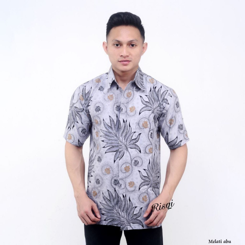 Hem Batik Pria Lengan Pendek- Motif Daun Air Abu - Warna Abu Coklat